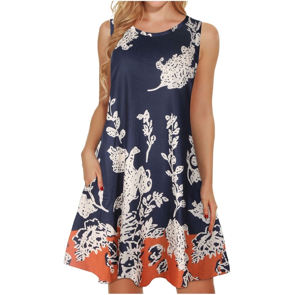 Navy Floral A-Line Dress with Pockets – Medium